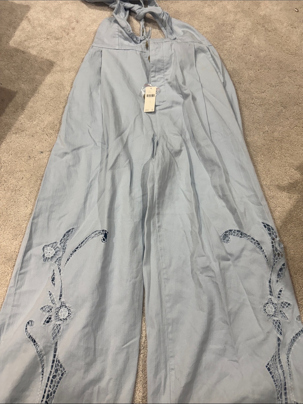 Anthropologie Light Blue Embroidered Wide-Leg Jumpsuit